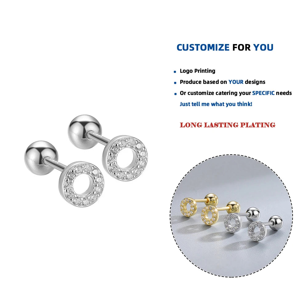 LE175 925 Sterling Silver Round Hollow Pave Zircon Thread Beads Small Stud Earrings for Women Fashion Party Piercing Jewelry