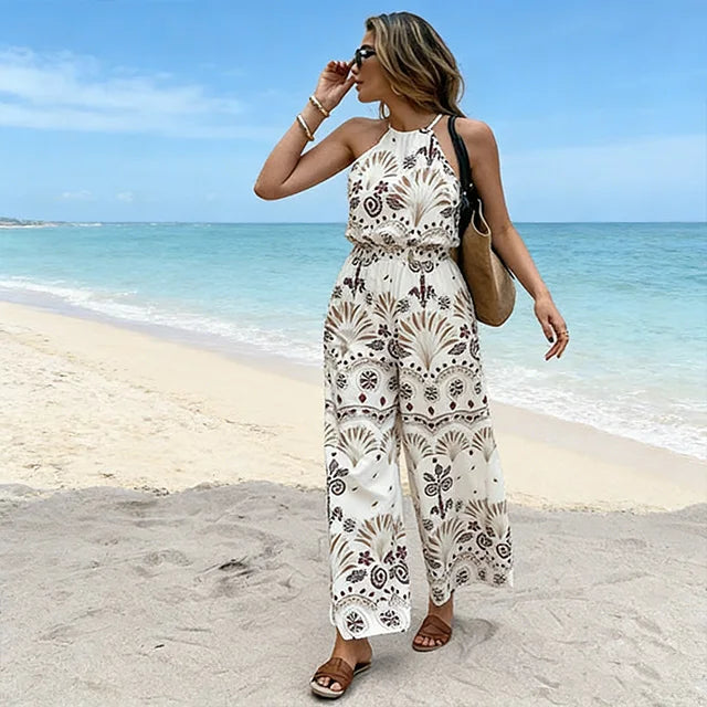 Women's Slimming One-piece Pants with White French Retro Print Round Neck Sleeveless Wide-leg Pants