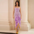 Jancember SZ473 Crystal Purple Feather Halter Women's Formal Prom Party Long Dresses