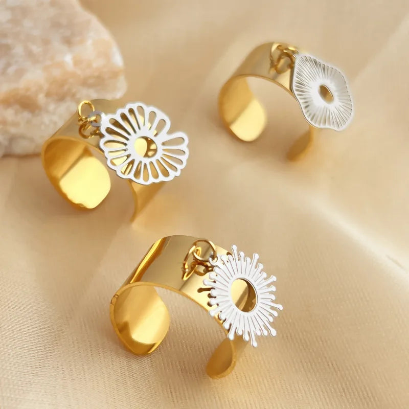 Fenyi Wholesale Jewelry Sunflower Stainless Steel Plated 18K Gold and Silver Splicing Fashion Niche Temperament Female Ring