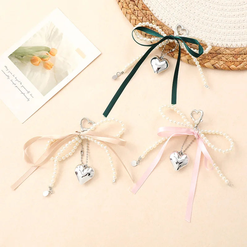 Fashion Bow Keychain Y2k Heart Pearl Bowknot Key Chain Ins Sweet Keyring Bag Pendant Cute Accessories Car Keychain Phone Strap
