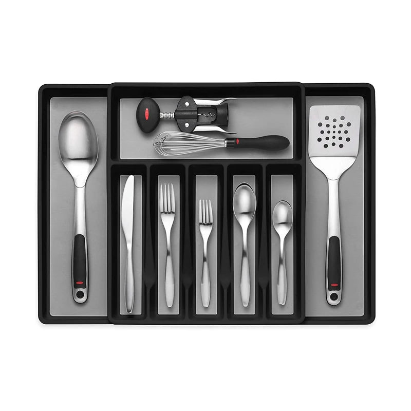 Modern Silver Square Tray Expandable Cutlery Drawer Organizer for Multi-Purpose Storage Flatware Silverware Serving Utensils