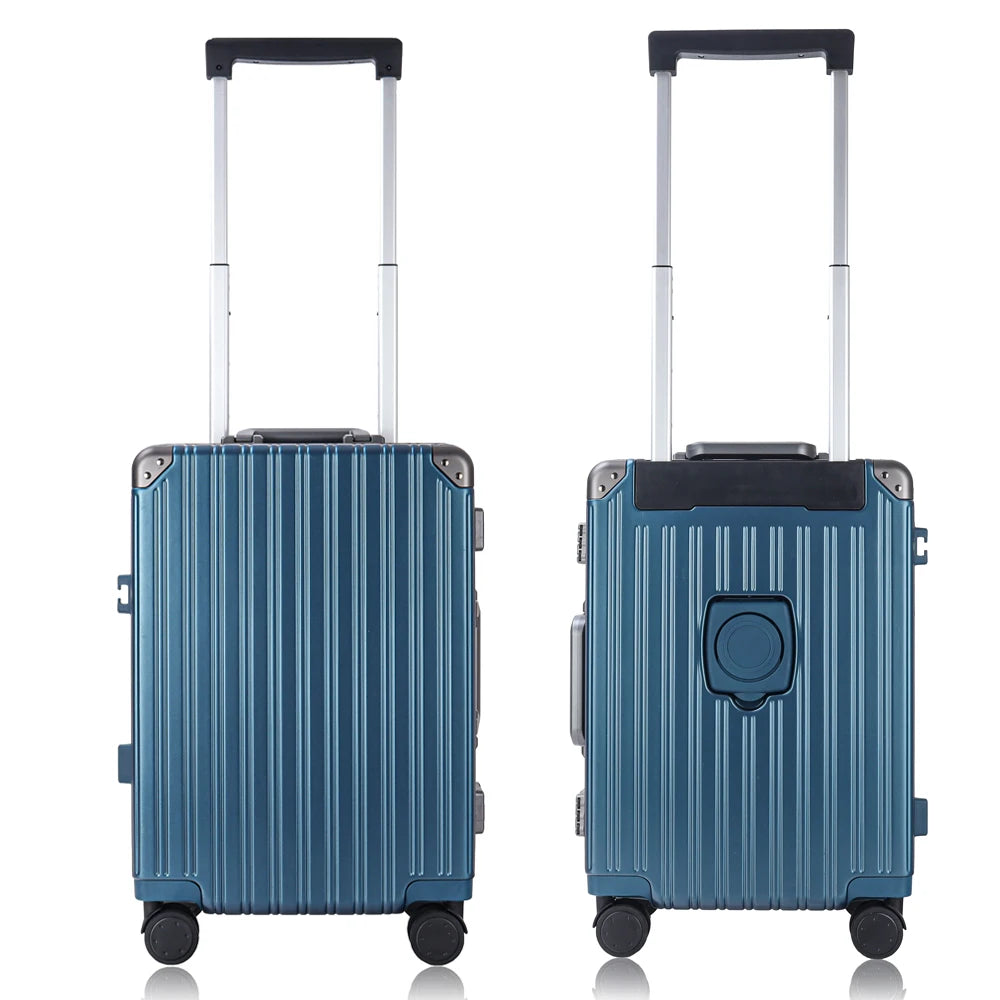 New Navy Blue Lightweight PC Travel Luggage with Durable Aluminum Closure and Four Metal Corner Guard TSA Lock and Cup Holder