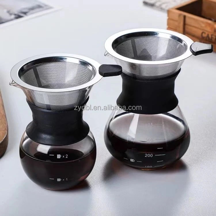 Elegant Pour Over Coffee Maker Set Reusable Stainless Steel Drip Filter with Glass Carafe for Making Your Own Coffee