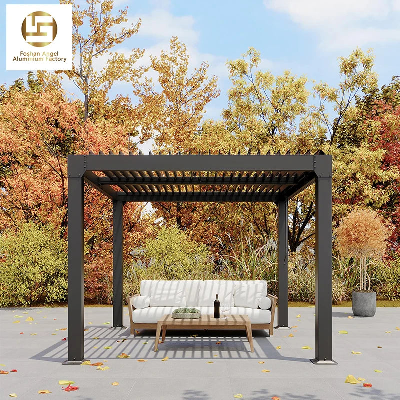 New Chic Automatic Aluminum Louvered Pergola 3x3m Motorized Eco-Friendly Waterproof Outdoor Kitchen & Car Wash Wall Mounted