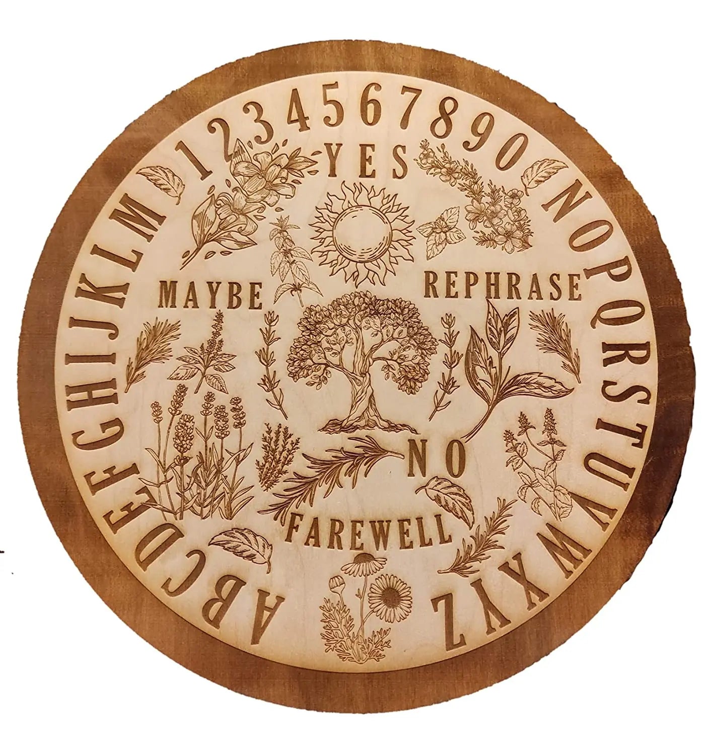 Wooden Round Ouija Board Forest Spirit Board with Herbal and Tree Floral Gothic or Witch Decor Spirit Game Divination Tools