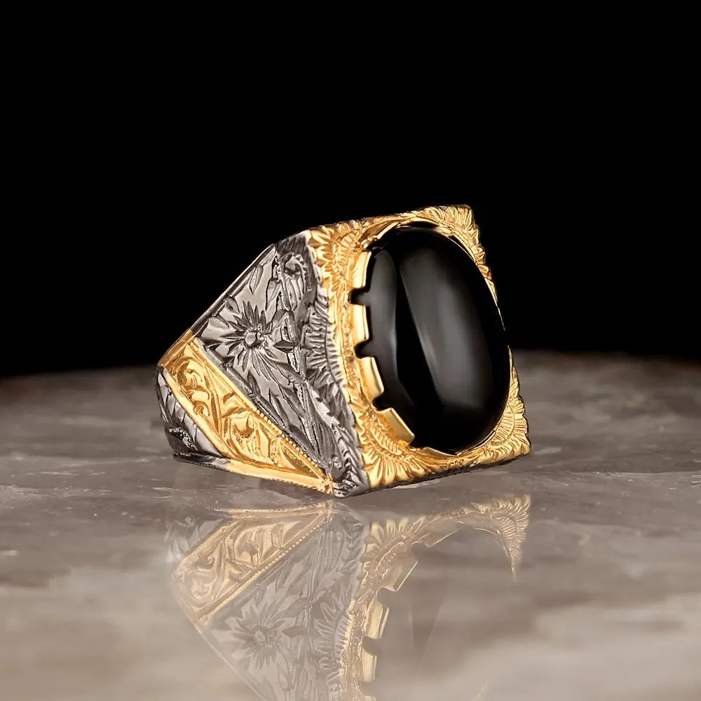 New Arrival Men's 925 Sterling Silver Ottoman Style Ring Bi-Color Rhodium and Gold Designed in Turkey Model RCEGYT-143