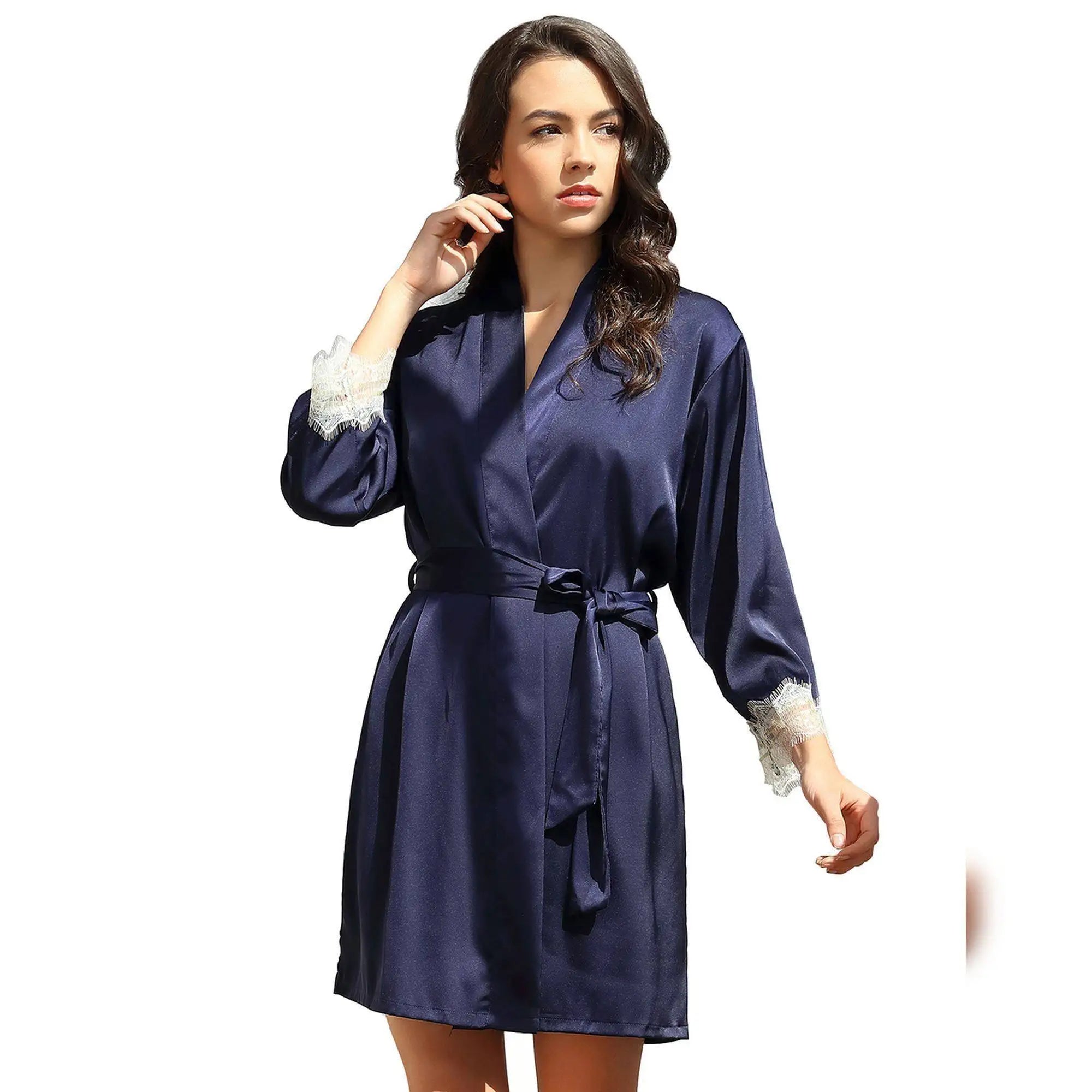 Two-piece pajamas with blue silk satin lace trim size L