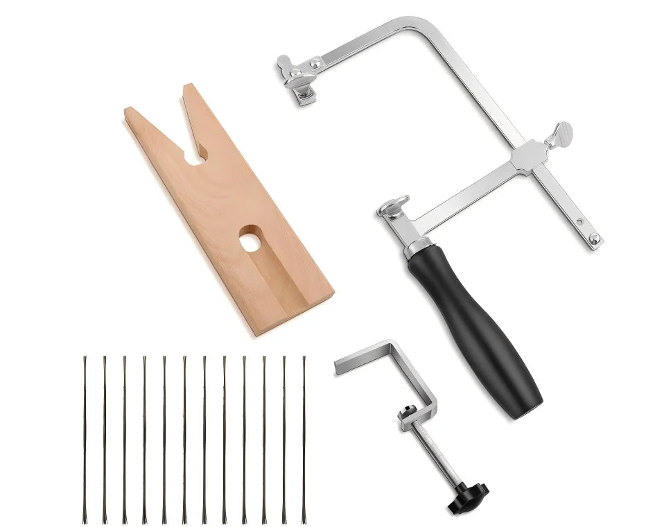 Boasta Adjustable Jewelry Saw Frame Set with Wooden Bench Pin Clamp and 12pcs 3/0 Blades for Jewelry Cutting Making Tool Set