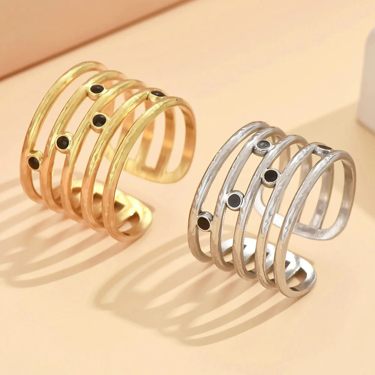 Fenyi Wholesale Fashion Jewelry Stainless Steel Geometric Black Oil Drop Niche Design Five-layer Line Open Ring Female