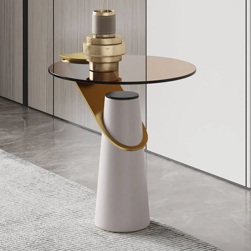 Nordic Light Luxury Metal Glass Coffee Table Round Creative Small Apartment Living Room Ins Popular PU Wrapped Side Table