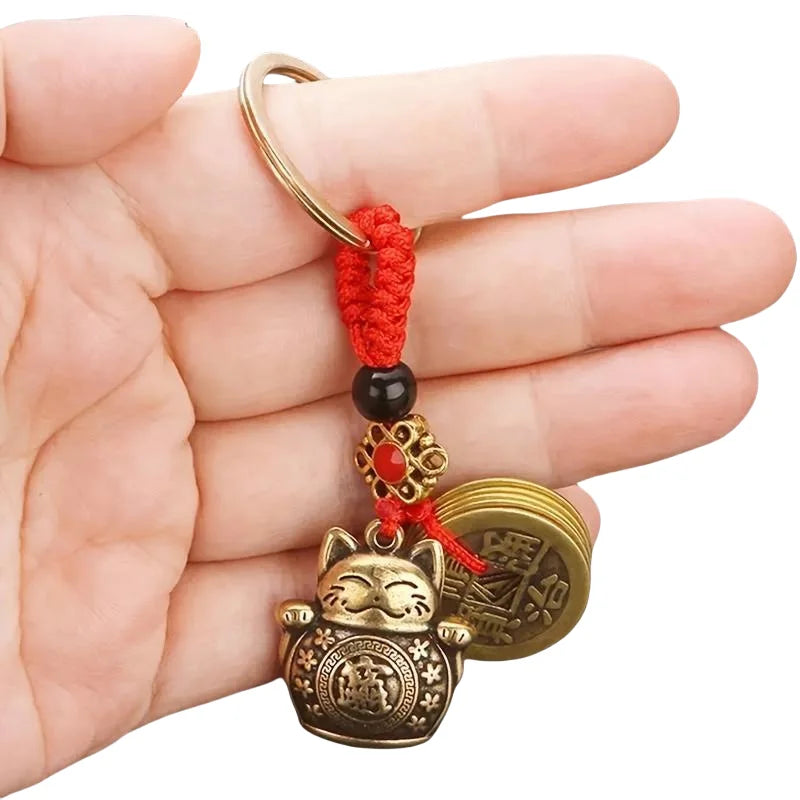 2025 New Vintage Lucky Pure Copper Lucky Cat Keychain with Five Emperors Money Zhaocai Cat Keychain Jewelry Wholesale