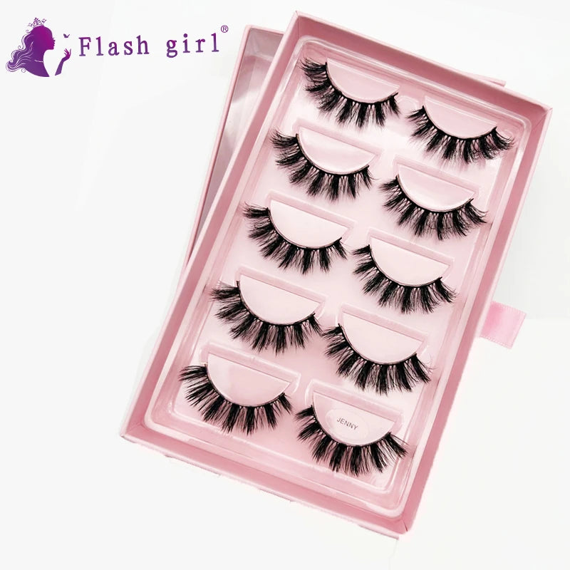 5 Pairs Faux Mink Eyelash Full Strip Eyelashes with Luxurious pink Gift Box Accept Customized MegaBDM