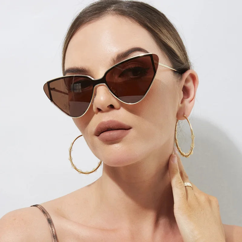 2025 Custom Logo Fashion Luxury Steampunk One Piece Lens Sun Glasses UV400 Rimless Cat Eye Sunglasses Women