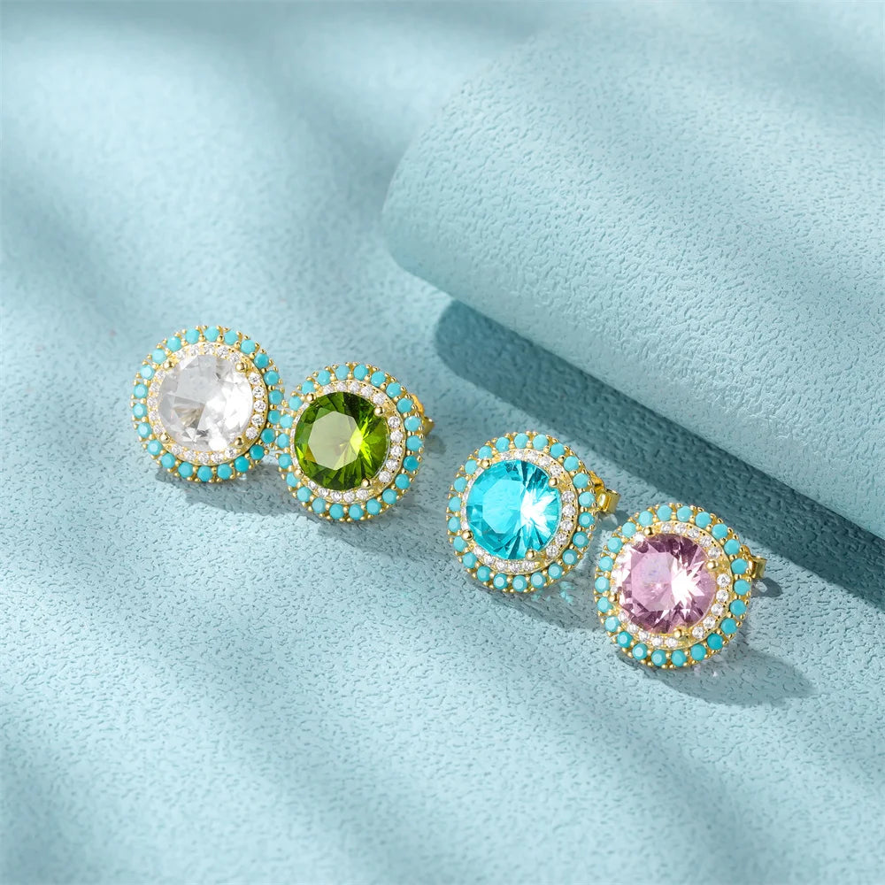CANNER Luxury Ins S925 Sterling Silver Temperature Round Colorful Zircon  Stone Stud Earrings 5A Zirconia