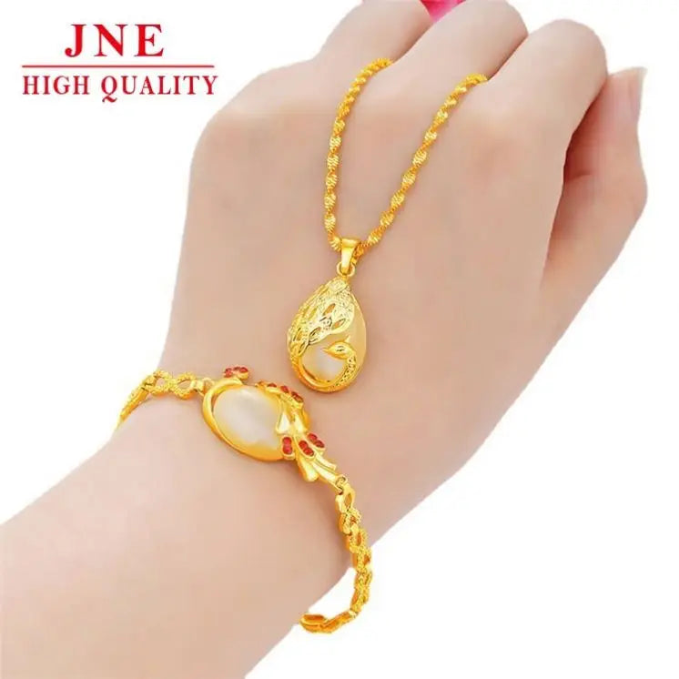 Alluvial Gold Women's Necklace Bracelet Peacock Two-piece Crystal Opal Pendant Imitation Gold Jewelry Gold Plated Ornament MegaBDM