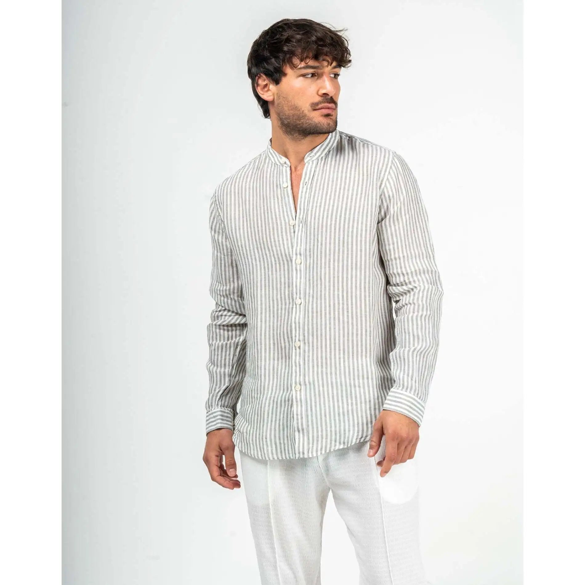 Imperio Shop Recyclable and Biodegradable Casual Men's Green Striped Linen Shirt with Stylish Mao Collar Breathable Size S