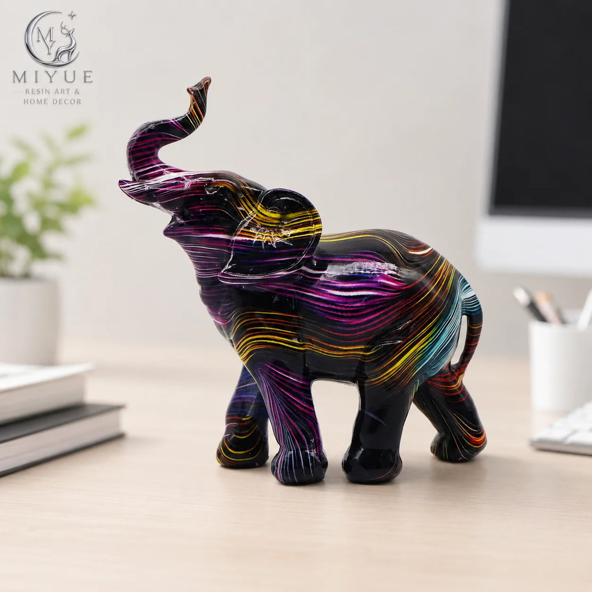 Line Trunk up Elephant Resin Statue Abstract Art Lucky Elephant Glossy Tabletop Home Decor Gift MegaBDM
