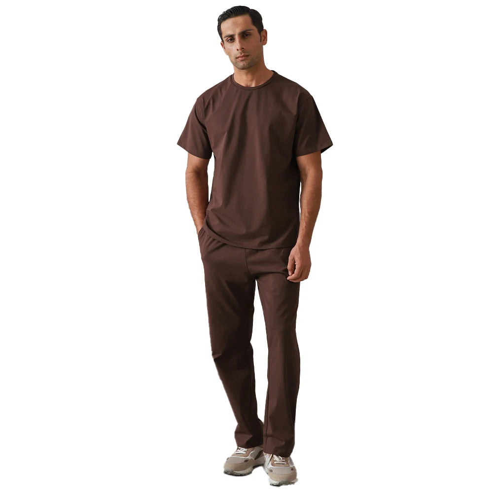 Brown 2Pcs Set Men's Short Sleeve T Shirt with Straight Pants Casual Streetwear  Outfit Matching Tracksuit with Pockets