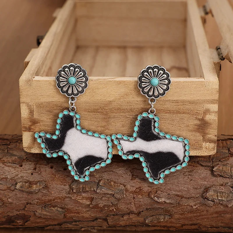 South American Cow Pattern Texas Shape Western Earrings for Cowgirl