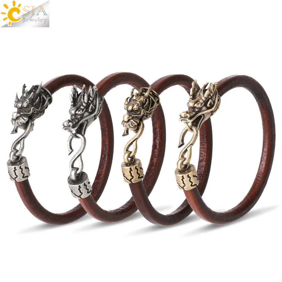 CSJA Wholesale Viking Cuff Bangle Man Wristband Vintage Stainless Steel Dragon Head Leather Bracelet for Men H149