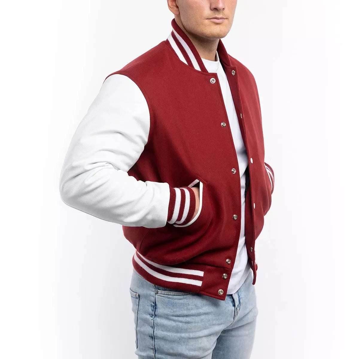 Red Varsity Jacket with White Sleeves Wool Body Snap Button Closure College Baseball Bomber Style Custom Letterman Jacket