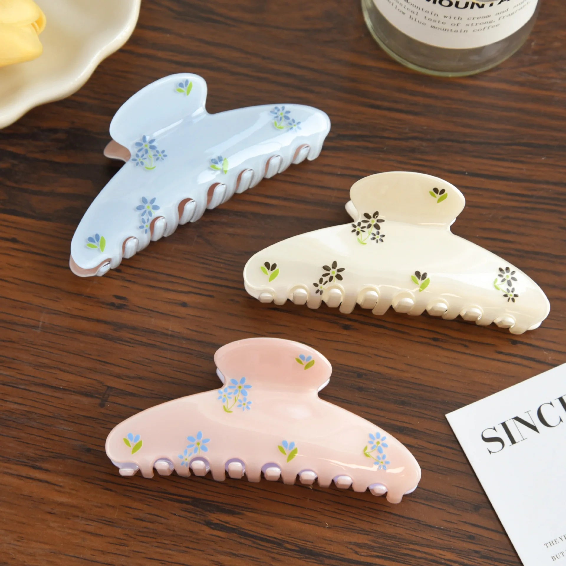 New Blue Floral Acetate Hair Claw Clip for Women Korean Style Shark Grip for Back Head Updo Bun French Hair Accessory