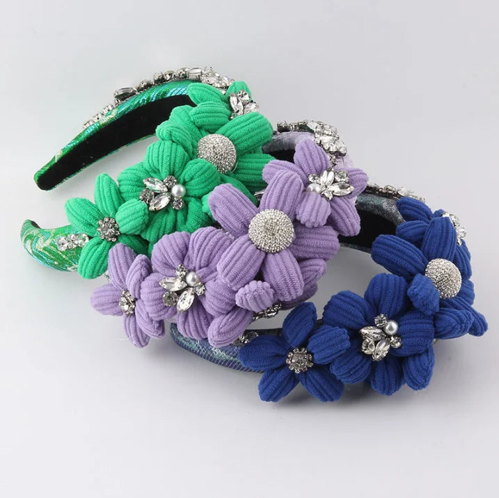 New Spring Sponge Fashion Diamond Embellished Flower Headbands for Women Girls Party Travel Personalized Hair Accessories