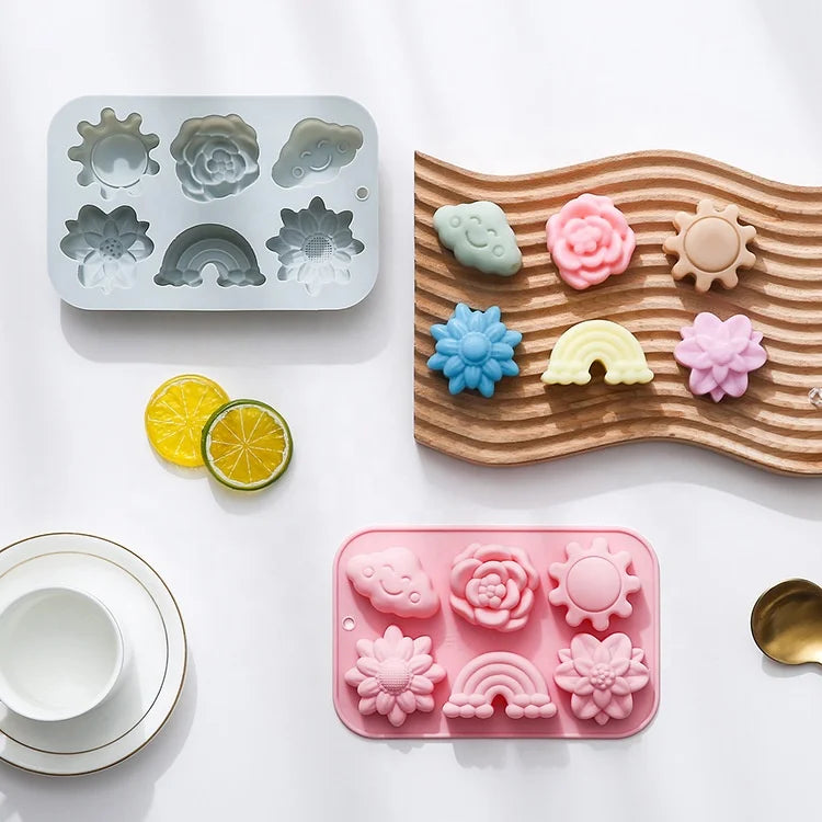 6 Different Pattern Silicone Mold for Dipping and Drop Cake Rainbow Clouds and Sunflowers-Baking Tool for Cake Fans