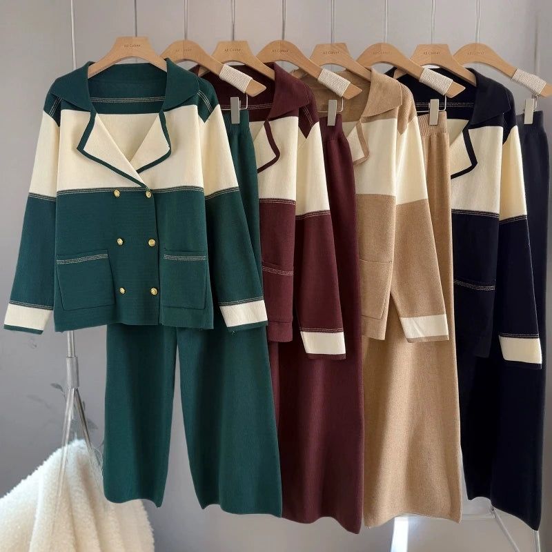 Women's Autumn and Winter New Double Breasted Knitted Top Wide Leg Pants Two-piece Set