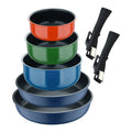 Set of 2 frying pans 22/26cm Cast aluminum Blue + 3 saucepans 16/18/20cm Pressed aluminum in 3 colors + 2 removable handles