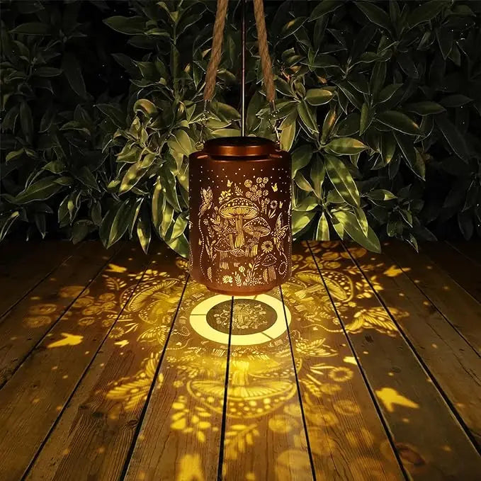 Outdoor Hanging Lantern Decor Lantern LAMP SOLAR CHARGE Waterproof Hollow Out Retro Metal Decorative Garden Light