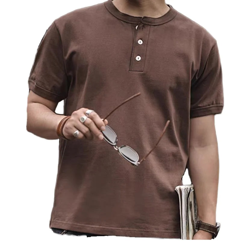 SK Vintage Style T-Shirts 100% Cotton 250gsm Henley Collar English Gentleman Yarn Dyed Solid Knitted Eco-Friendly