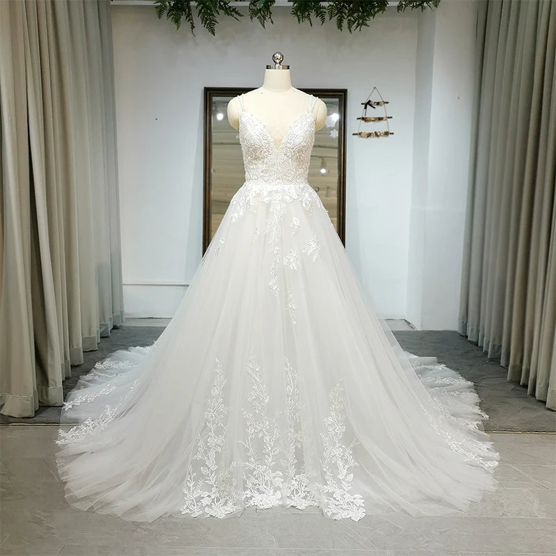 Jancember QW01297 Classic White Floral Print Spaghetti Strap V-neck Flowers Wedding Gown