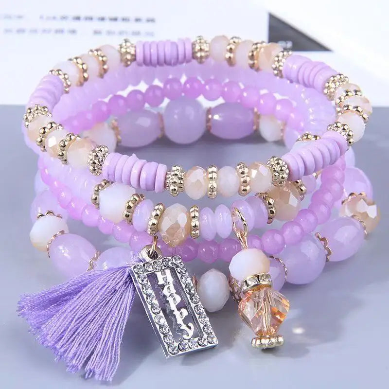 YL European American Supply Women's Bohemian Four-Piece Set Happy Colorful Crystal Bead Feather Hand Bracelet Ethnic