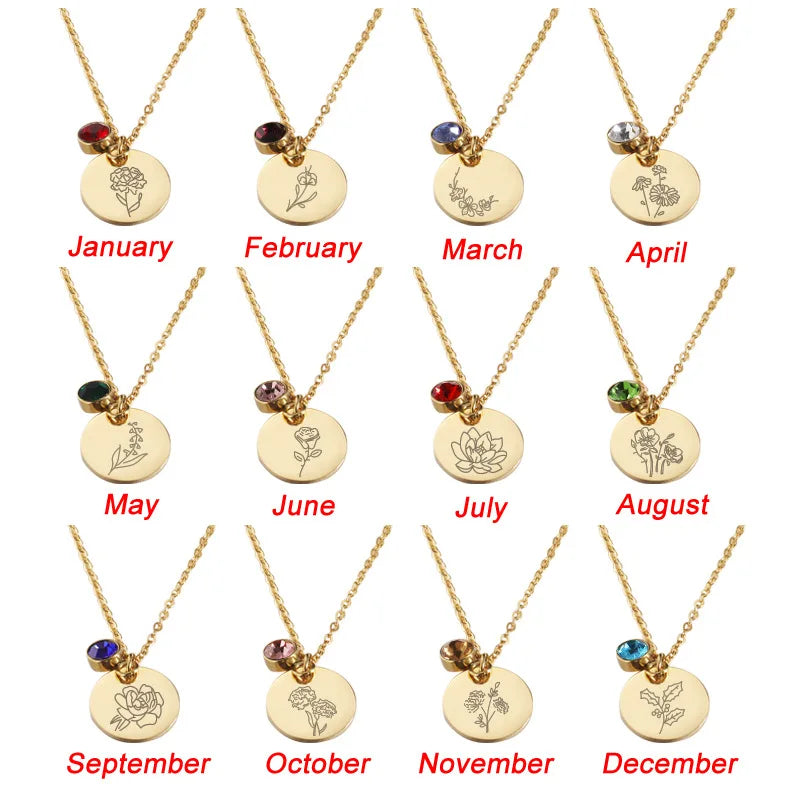 Fashion Engraved Gold Plated Blank  Round Disc Birthstone Stainless Steel Birthday Personalized Gift Pendant Necklace Jewelry