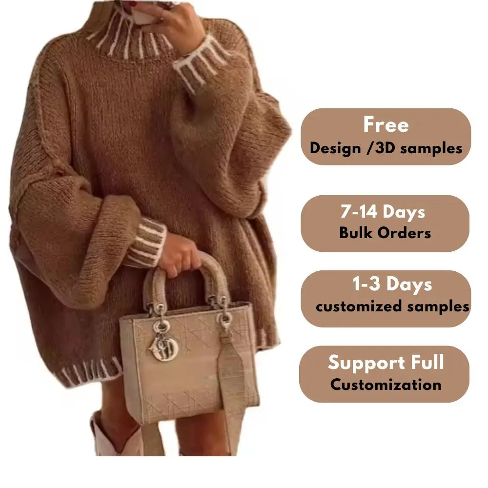 Fashion Oversize Knitted Casual Autumn Turtleneck Women's Pullover Sweater 100% Polyester Soft Long Sleeve