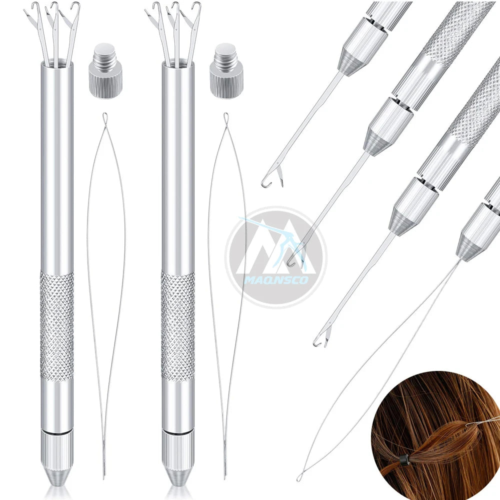 4-in-1 Hair Extension Tool Set 2 Sets Including Loop Needle Threader Knitting Needles Holder