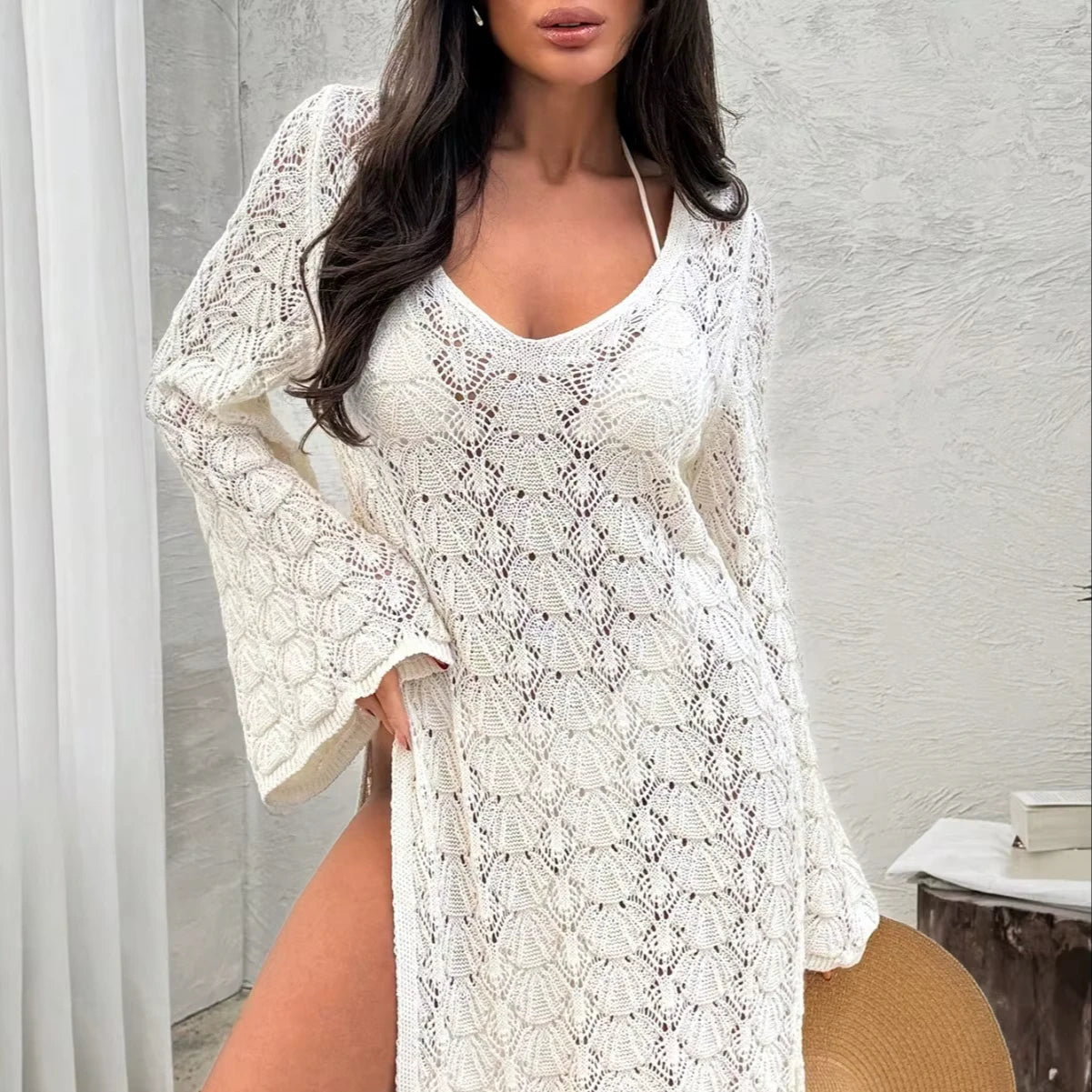Women's Long Sleeve Crochet Cover Up Lightweight Knee Length Mesh Beach Dress with wide Neck Slit Perfect for Travel L/XL