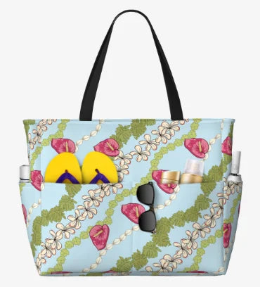 Wholesale Large Capacity Foldable Travel Bag Hawaiian Island Puakenikeni Design Custom Waterproof Beach Tote Bag