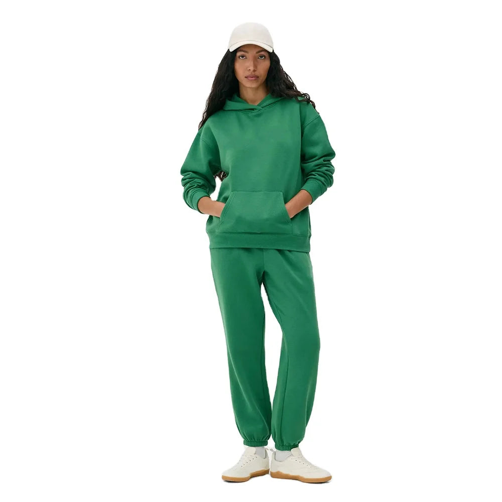 Green Women's Pullover Hoodie with Ribbed Joggers Two-Piece Tracksuit Set Custom Logo Streetwear Casual Outfit