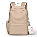 Cute Beige Backpack for Girls Lightweight Casual School Bag with Bear Charm Fashionable Travel Backpack for Women Zipper Closure