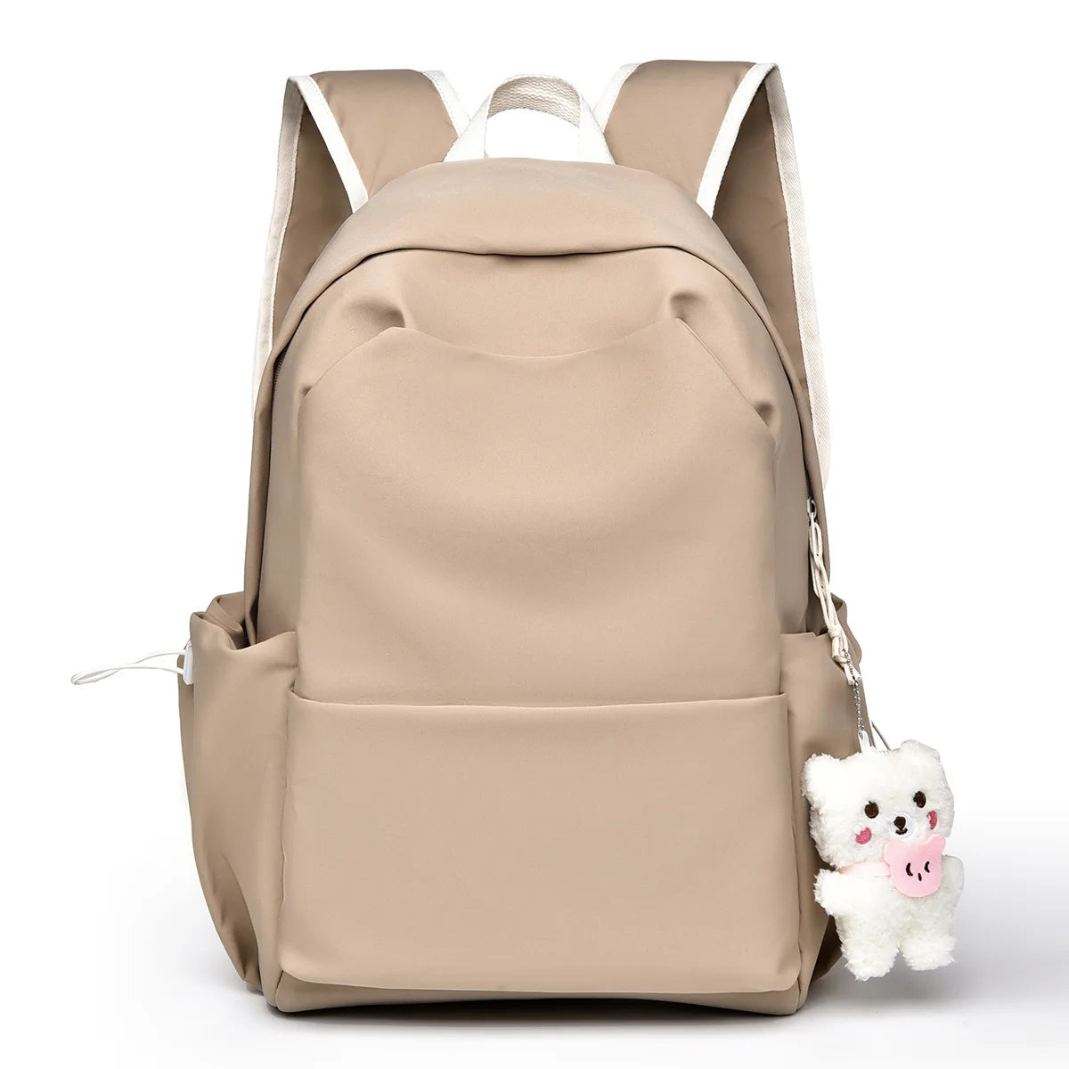 Cute Beige Backpack for Girls Lightweight Casual School Bag with Bear Charm Fashionable Travel Backpack for Women Zipper Closure