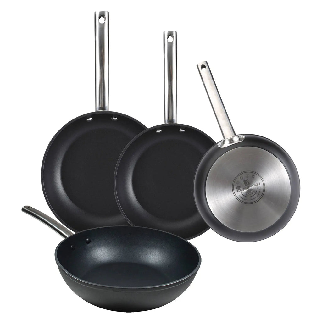 Set of 3 Frying Pans 242830cm + Wok 28cm in Forged Aluminum Suitable for Induction Black FOODIES MasterPRO