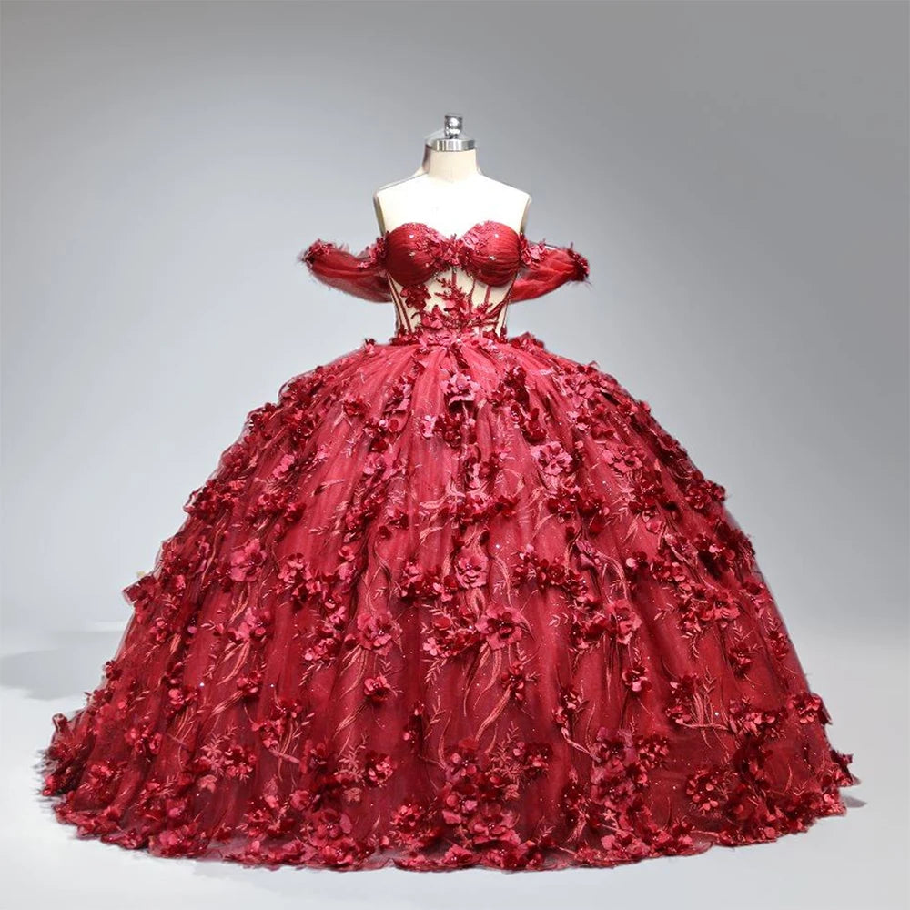 Jancember WC013 Vintage Off Shoulder Illusion Puffy Quinceanera Flower Dresses