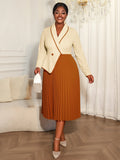 ADR051026 Elegant V Neck Long Sleeve Basic Dresses Contrast Color a Line Pleated Casual Dress Midi Length