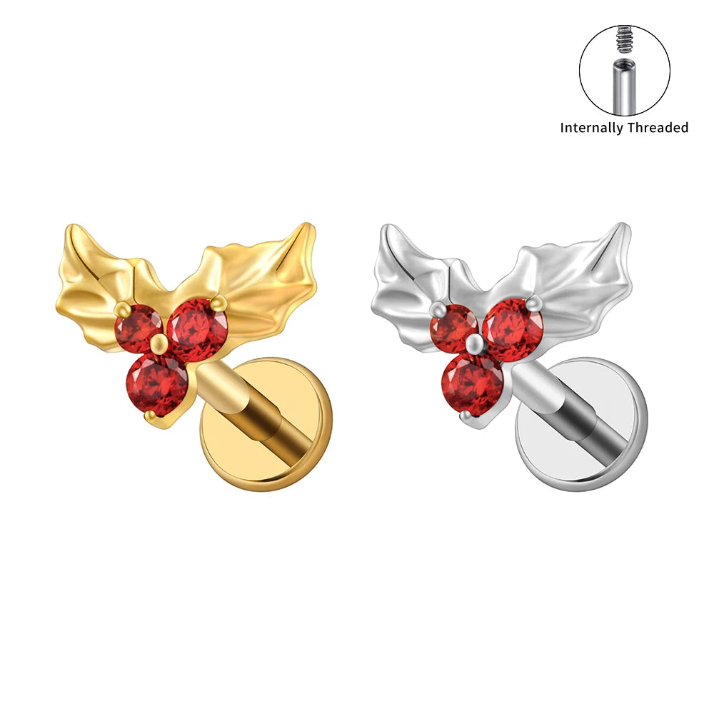 ASTM F136 Titanium Internal Thread Christmas Holly Leaf CZ Cartilage Earring Helix Tragus Stud Flat Back Labret Piercing Jewelry