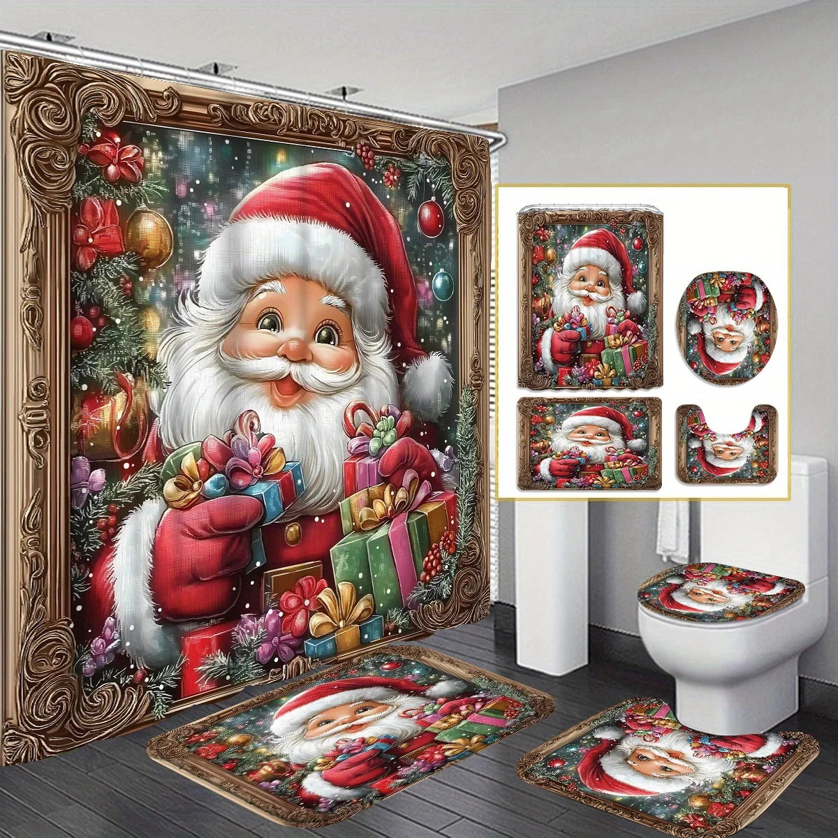 Classic and Modern Santa Claus Shower Curtain Set with Non-Slip Bath Mats 3D Printed for Hotels