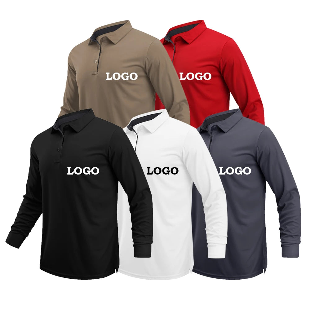 Hot Sale Custom Solid Color Polyester Button Golf Polo Lapel Long Sleeve Men's Fashion Design Polo Shirts