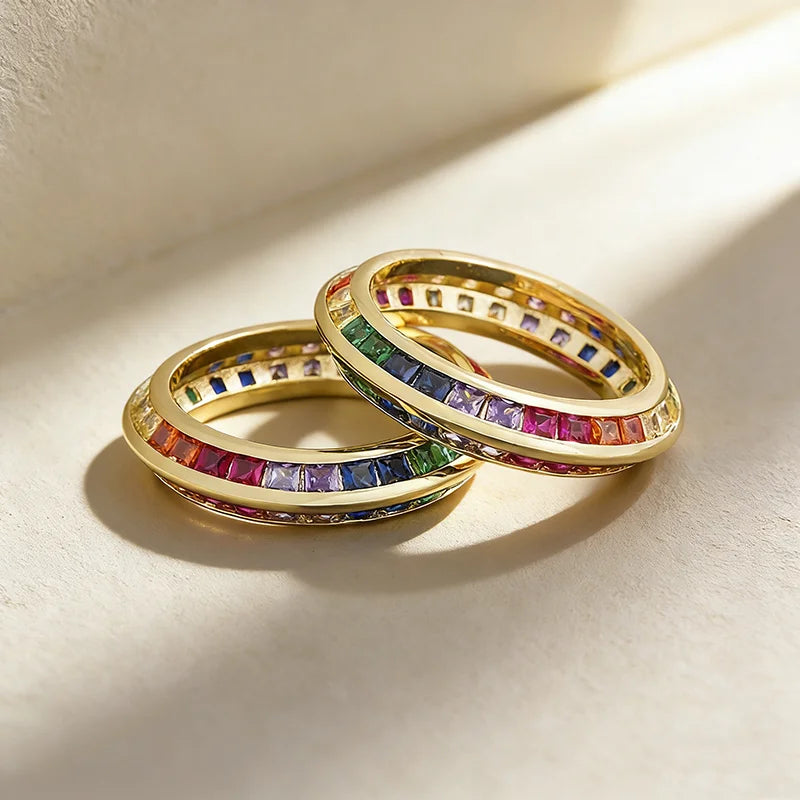 QIKU Bohemian Rainbow Cubic Zircon Rings Fashion Gold Color Copper Jewelry Round Wedding Band Women Couple Engagement Charm Gift